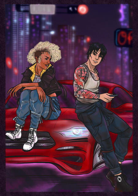 two men sitting on a car in a sci-fi city